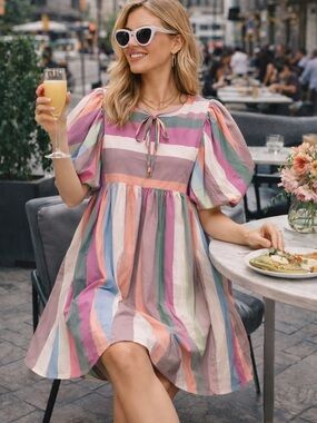 Entro Multicolor Striped Tie Neck babydoll Mini Dress